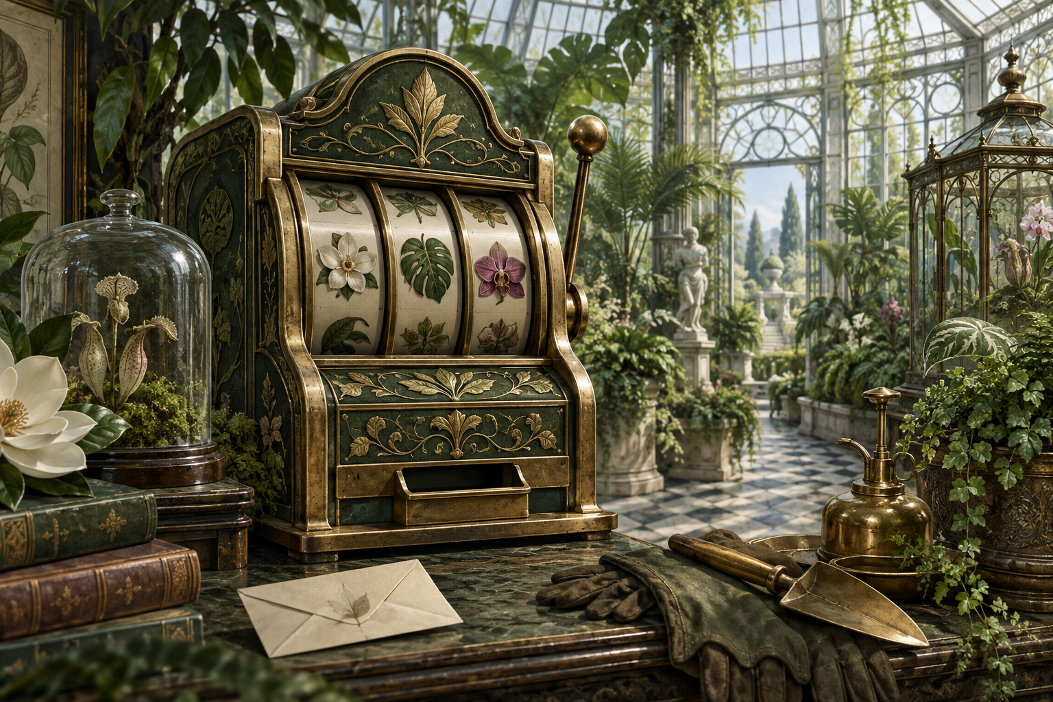 Green game cabinet among conservatory plants