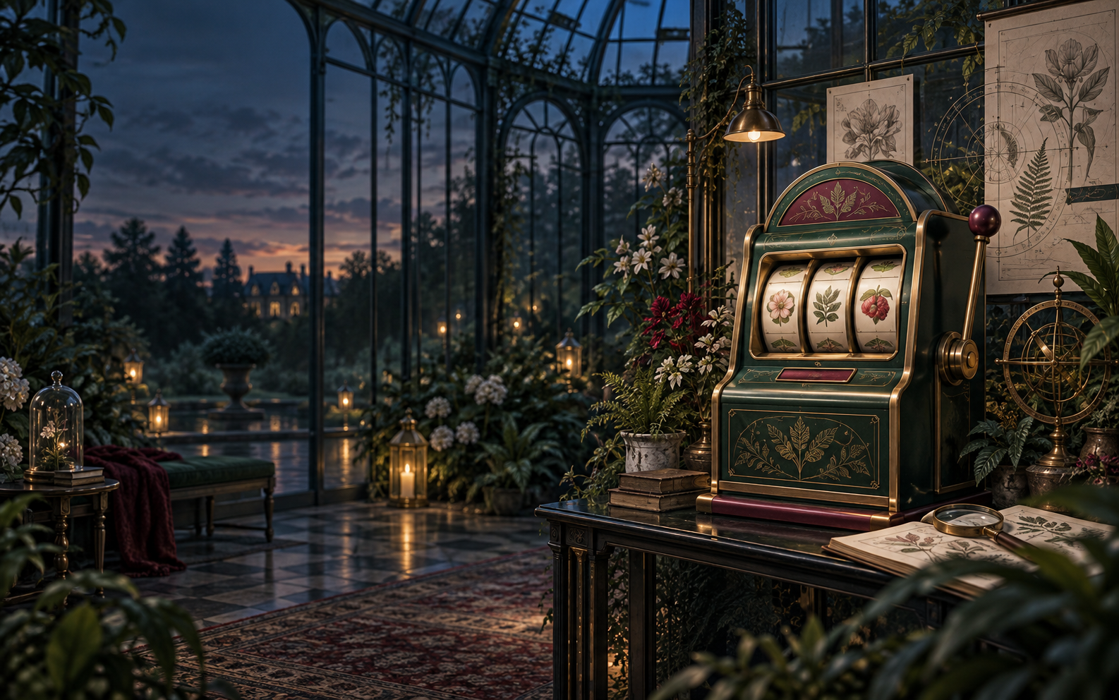 An elegant green game cabinet in a twilight glass conservatory